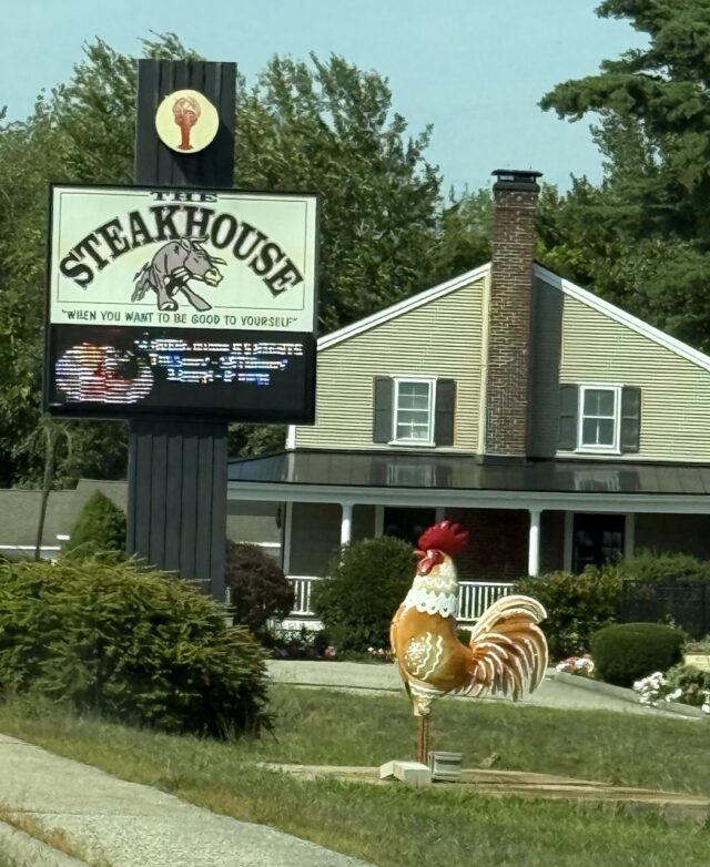  Roosters of Ogunquit statue outside The Steakhouse in Wells, Maine