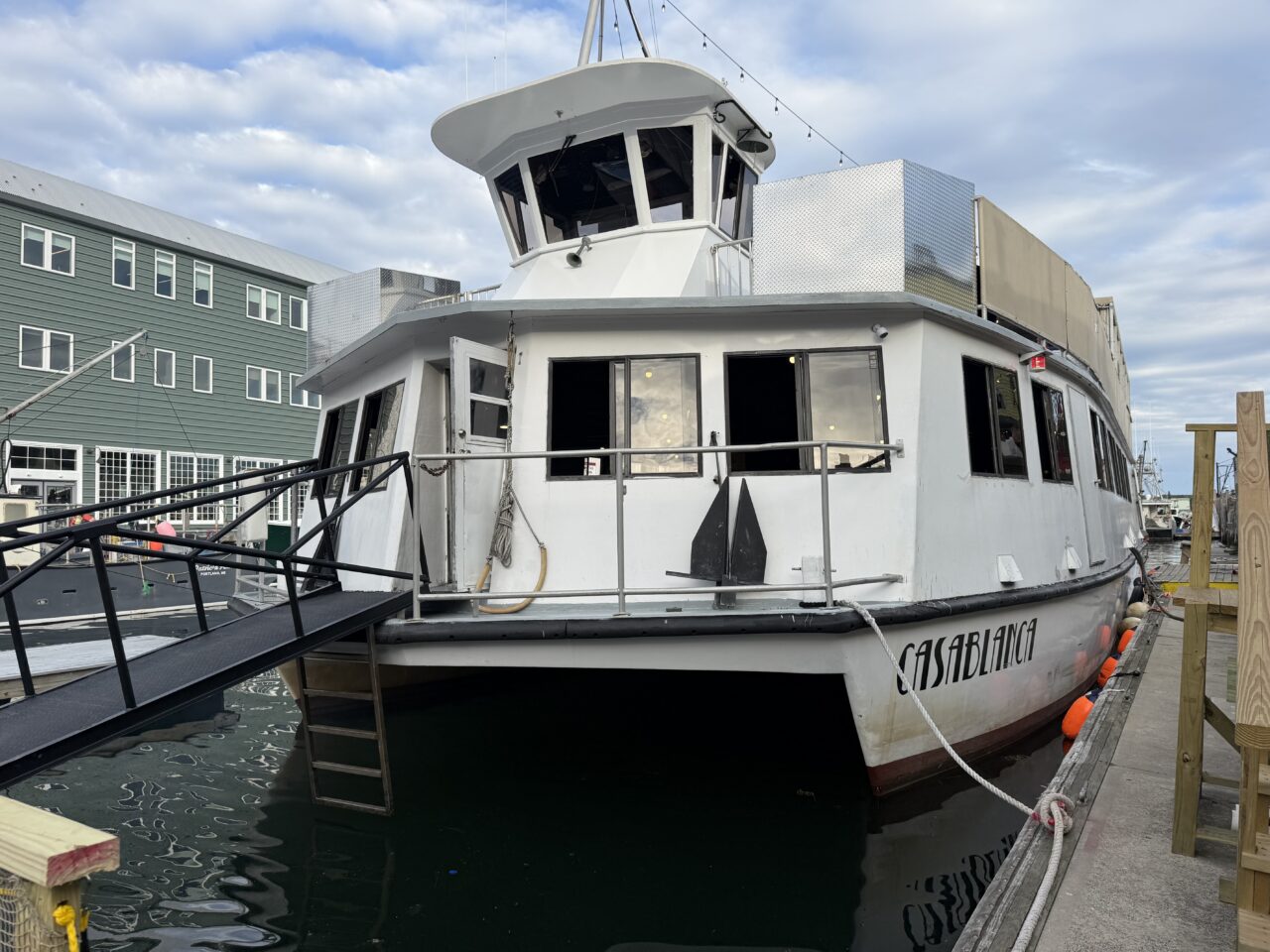 Casablanca sunset cruise boat docked at Custom House Wharf in Portland, Maine